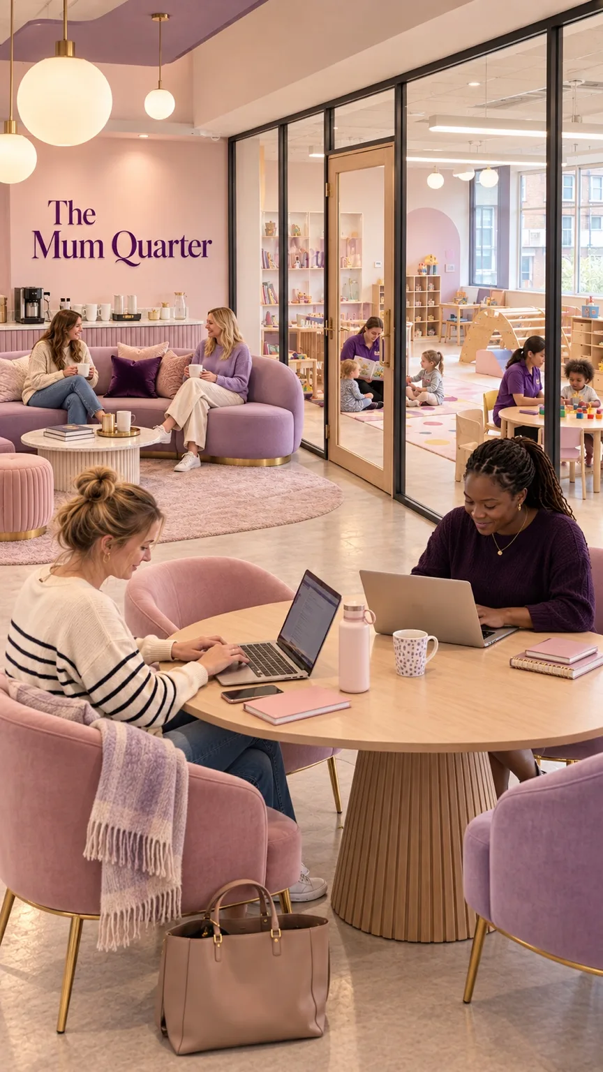 AI interpretation of a future TMQ space, with mums working, The Mum Quarter wall signage and a separate childcare room.